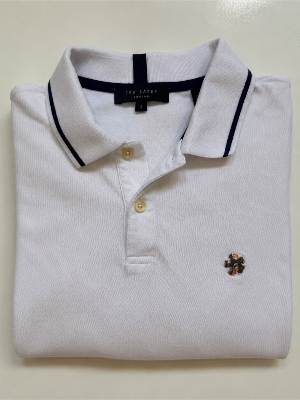Ted Baker London Men’s White Polo Shirt Tipped Collar Logo Cotton Size 2